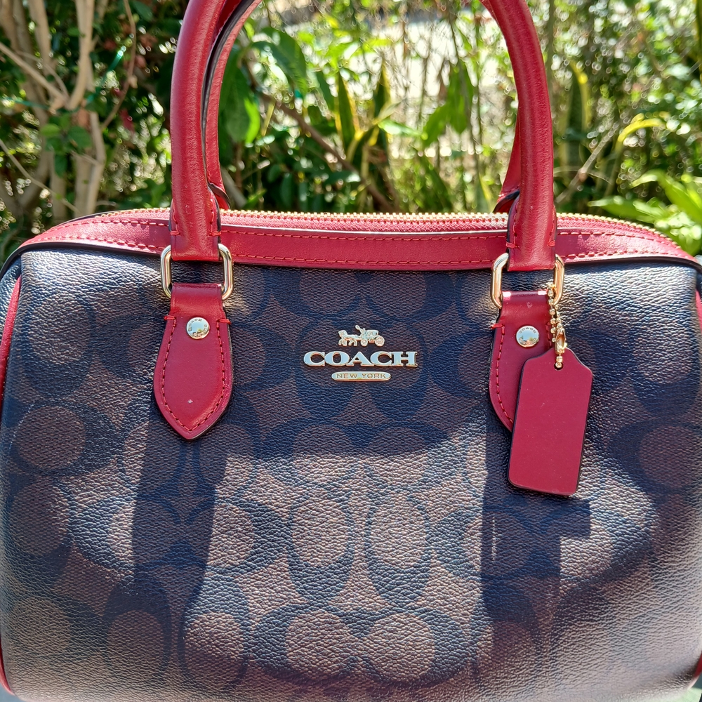 Coach Red and Brown Satchel with Signature Design - Picture 2 of 7